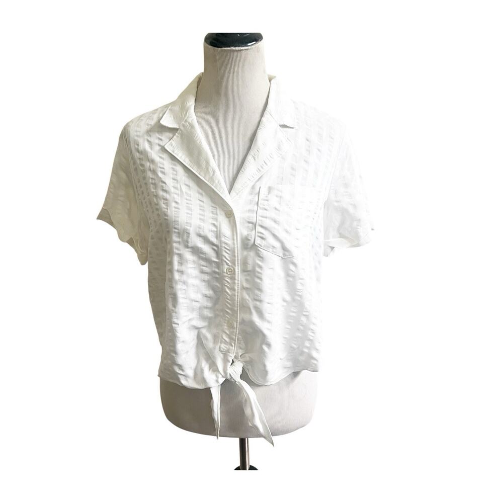 & Other Stories Tie Front Collared Short Sleeve Top Size 8 Sheen Striped Coastal